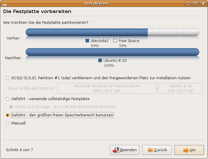 Ubuntu-Installation: den größten freien Speicherbereich benutzen